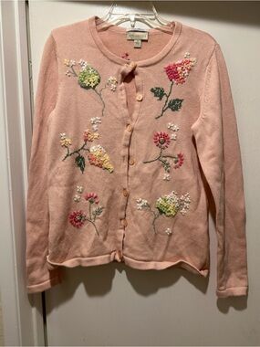 Appleseed's Light Peach Embroidered Floral Cardigan Sweater Size S